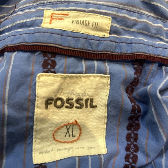 Fossil Vintage Fit Shirt XL Western Blue Brown Button Up Long Sleeve Pearl Snaps - Picture 11 of 11